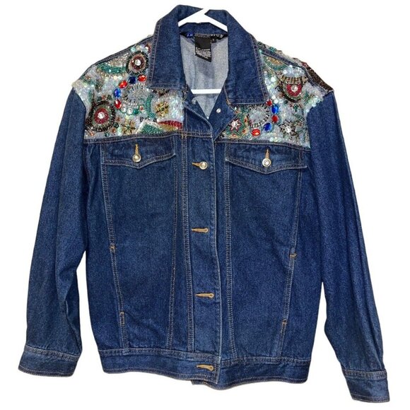 Vtg I. B. Diffusion Blue Denim Sequin Beaded Rockabilly Glam Rock SZ 8 Jacket - Picture 1 of 16